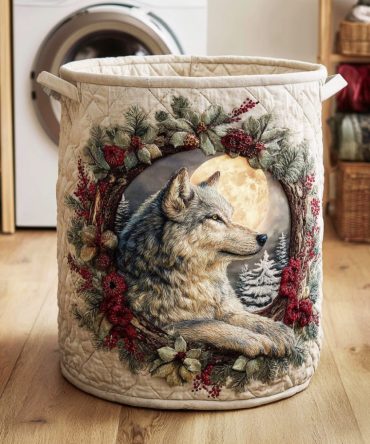Winter Howl Spirit Quilted Laundry Hamper — Cozy Printed Fabric Laundry Basket, Collapsible Large Hamper With Handles For Bedroom & Apartment Living