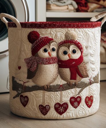 Quilted Winter Owl Laundry Hamper — Cute Foldable Decorative Basket For Nursery & Kids’ Room, Durable Handles & Spacious Design
