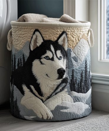 Winter Husky Holiday Laundry Hamper - Quilted Snowy Dog Clothes Organizer With Carry Handles, Cozy Seasonal Storage Solution