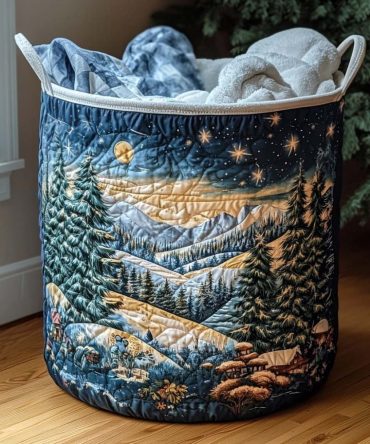 Cozy Winter Lodge Quilted Laundry Hamper - Large Foldable Fabric Basket With Reinforced Handles For Rustic Home Storage