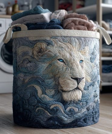 Winter Majesty Lion Quilted Laundry Hamper - Elegant Animal Print Foldable Laundry Basket With Reinforced Base