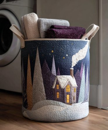 Winter Monastery Quilted Storage Hamper — Elegant Holiday Laundry Basket, Foldable Fabric Bin With Sturdy Handles & Washable Liner