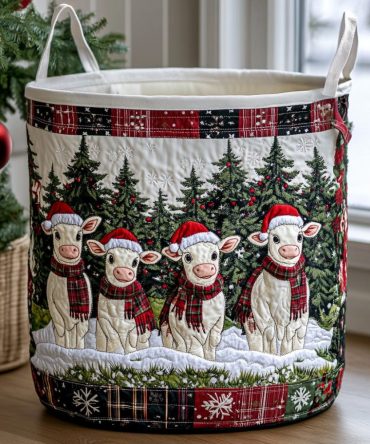 Winter Moo Magic Quilted Laundry Hamper — Cozy Cow-Themed Foldable Fabric Basket, Lightweight Laundry Organizer With Handles