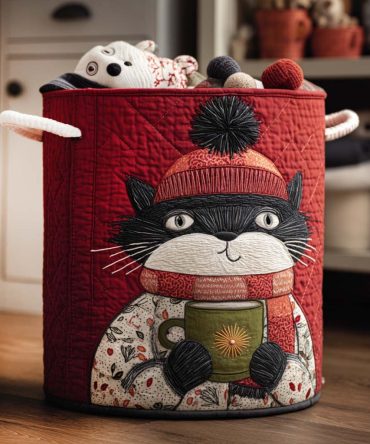 Winter Mug Quilted Laundry Hamper — Cute Seasonal Fabric Storage Basket, Foldable Laundry Organizer With Handles For Home & Dorm
