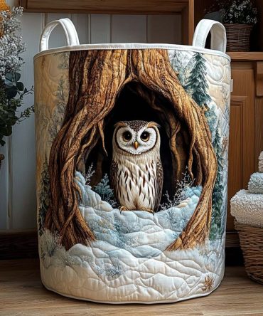 Winter Nest Owl Quilted Hamper — Cozy Foldable Laundry Basket, Large Soft Fabric Storage Bin With Handles & Machine-Washable Liner