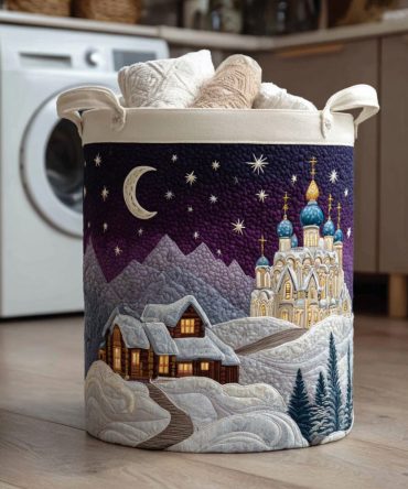 Winter Night Quilted Laundry Hamper — Dark Blue Snowflake Decorative Laundry Basket, Foldable Storage Bin With Reinforced Handles