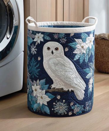 Winter Owl Quilted Laundry Hamper — Cozy Owl Pattern Foldable Fabric Basket For Seasonal, Nursery & Bedroom Storage