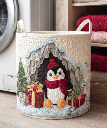Winter Penguin Parade Quilted Laundry Hamper — Large Decorative Collapsible Laundry Basket For Kids & Home, Cute Animal-Themed Storage Solution
