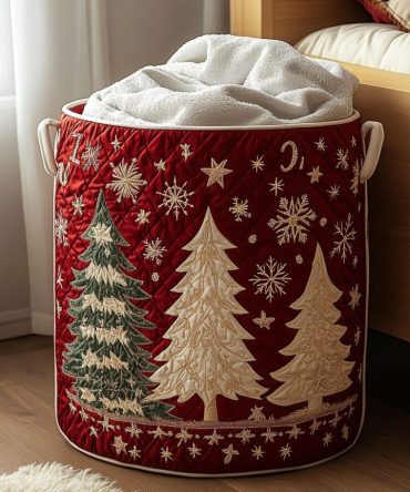 Winter Pines Quilted Laundry Hamper — Rustic Pine Motif Foldable Laundry Basket, Quilted Cotton-Blend, Durable & Decorative