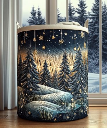 Cozy Winter Pines Quilted Laundry Hamper — Large Foldable Fabric Laundry Basket For Stylish Holiday Storage & Easy Carry