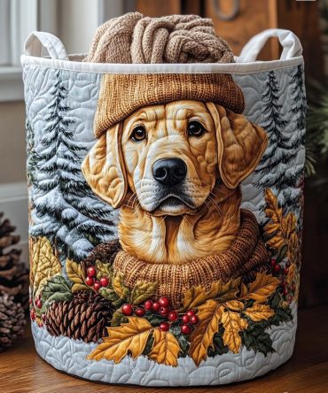 Winter Pup Quilted Laundry Basket – Cute Dog-Themed Collapsible Hamper For Kids’ Rooms, Laundry & Toy Storage