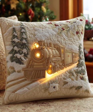Winter Rail Journey Quilted Pillow Cover — Scenic Train-Themed Christmas Throw For Cozy Holiday Home Styling