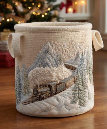 Winter Rail Magic Quilted Laundry Hamper — Cozy Holiday Train Storage Basket, Foldable Large Laundry Organizer With Carry Handles