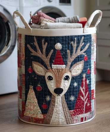 Winter Reindeer Quilted Laundry Hamper — Festive Holiday Cotton Basket With Reindeer Motif, Collapsible & Sturdy With Handles For Seasonal Decor & Storage