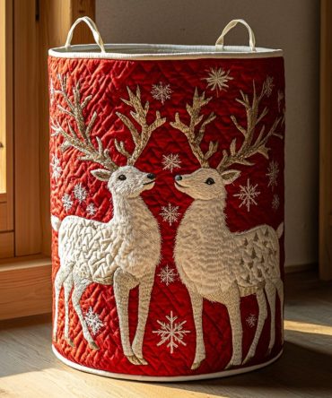Winter Reindeer Quilted Laundry Hamper - Cozy Snowflake & Reindeer Print Fabric Basket With Handles, Warm Seasonal Home Storage