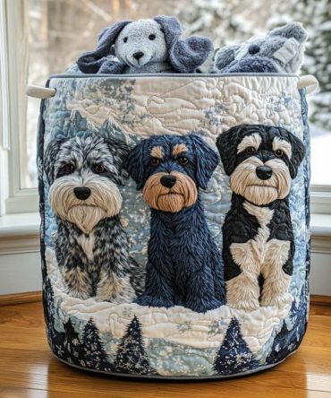 Winter Schnauzer Quilted Laundry Hamper - Dog Breed Print Clothes Organizer With Quilted Padding & Handles, Cozy Pet Storage