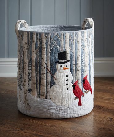 Snowman & Cardinal Quilted Laundry Hamper - Winter Snowman Print Storage Basket, Festive Quilted Fabric Hamper With Handles