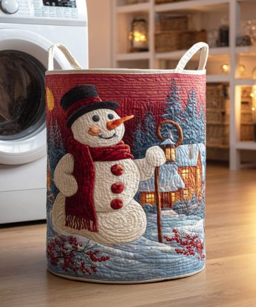 Winter Snowman Joy Quilted Laundry Hamper — Spacious Collapsible Laundry Basket For Home & Kids, Durable Padded Fabric With Carry Handles