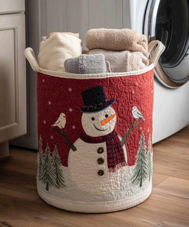 Winter Snowman Quilted Laundry Hamper — Cute Holiday Snowman Storage Basket, Foldable Fabric Hamper With Reinforced Handles & Liner