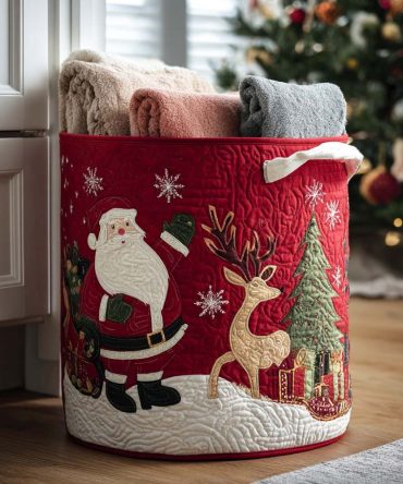 Winter Spark Quilted Holiday Hamper — Festive Quilted Fabric Laundry Basket With Handles, Collapsible Seasonal Storage For Gifts & Linens