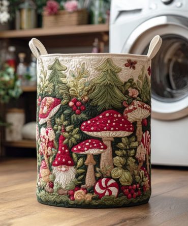 Winter Toadstool Forest Quilted Laundry Hamper - Festive Toadstool Print Storage Bin, Collapsible Fabric Laundry Basket