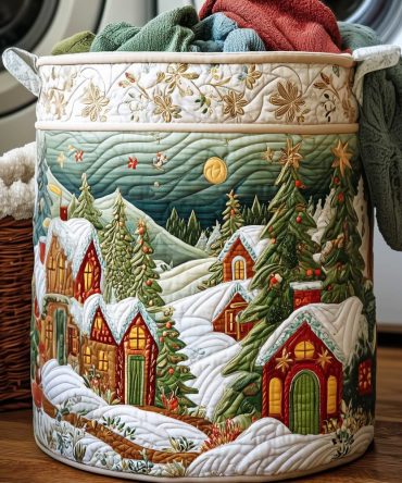 Winter Village Quilted Laundry Hamper — Scenic Snowy Fabric Storage Basket With Handles For Festive Home Organization