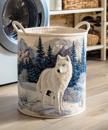 Winter Wolf Gaze Quilted Laundry Hamper — Rustic Wolf Print Fabric Laundry Basket With Padded Quilting, Easy-Carry Handles & Compact Fold