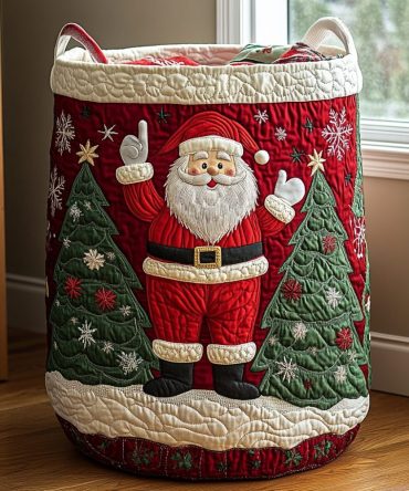Holiday Santa Quilted Laundry Hamper - Large Festive Fabric Storage Basket With Handles, Foldable Design & Waterproof Lining