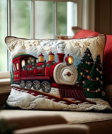 Winter Wonderland Express Quilted Pillow Cover - Snowy Train Holiday Throw Pillow Sham For Christmas Mantel & Entryway Decor