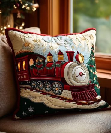 Winter Wonderland Express Quilted Throw Pillow Cover — Festive Train-Themed Stitched Square Pillowcase For Holiday Mantels And Cozy Sofas