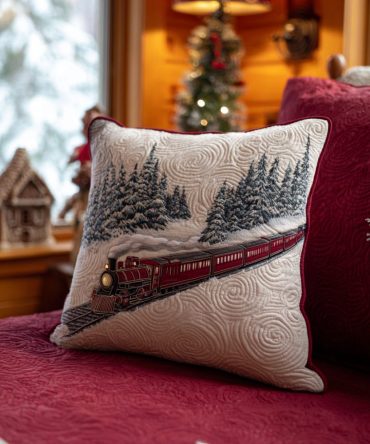 Winter Wonderland Express Quilted Pillow Cover - Scenic Snow Train Holiday Pillowcase For Christmas Mantel & Cozy Living Spaces