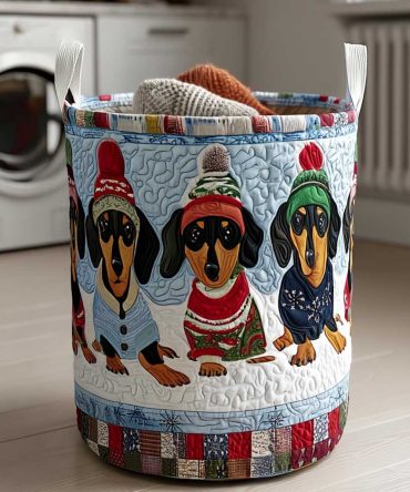 Winter Woofs Quilted Laundry Hamper — Cozy Foldable Fabric Basket With Padded Handles, Large Washable Dog Print Hamper For Home & Cabin