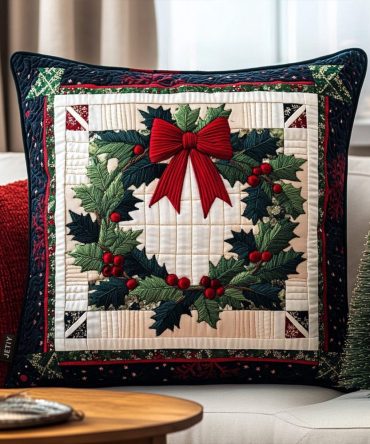 Winter Wreath Bliss Quilted Pillow Cover - Elegant Holiday Throw Pillowcase With Wreath Motif, Cozy Seasonal Decor