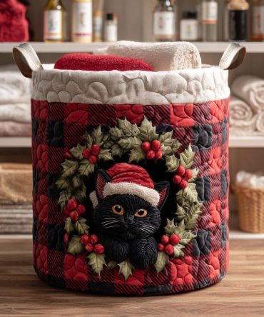 Winter Wreath Cat Quilted Hamper — Whimsical Cat & Wreath Fabric Laundry Basket With Quilted Padding, Reinforced Handles & Collapsible Frame