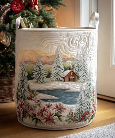 Winterland Quilted Laundry Hamper – Snowy Scene Foldable Fabric Laundry Basket With Sturdy Handles For Holiday Storage