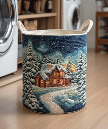 Winterwood Snow Quilted Hamper — Insulated-Look Laundry Basket With Handles , Snowy Cabin Decor, Collapsible Home Organizer