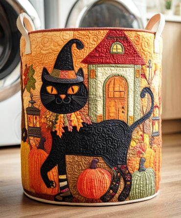 Witch Cat Quilted Laundry Hamper — Spooky Chic Fabric Basket, Foldable Halloween-Themed Laundry Storage With Reinforced Handles