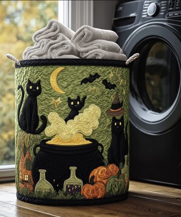 Witch Cat Quilted Laundry Hamper - Foldable Themed Laundry Basket With Reinforced Handles, Quilted Texture & Playful Nighttime Accent