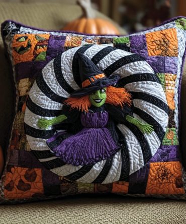 Witch Descent Quilted Pillow Cover — Bewitching Halloween Decorative Throw Pillowcase With Witch Silhouette For Spooky Seasonal Styling
