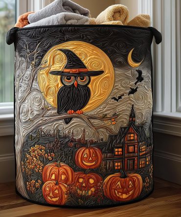 Witch Owl Moon Quilted Laundry Hamper - Spooky Night Design, Collapsible Fabric Storage Basket Perfect For Halloween Decor