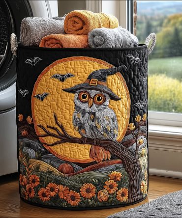 Witch Owl Night Quilted Laundry Hamper — Halloween-Themed Fabric Laundry Basket, Portable Washable Storage For Seasonal Decor