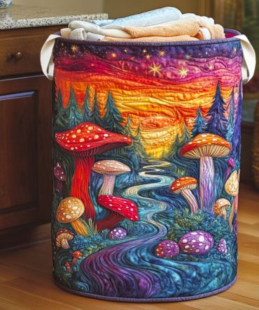 Witchlight Mushroom Quilted Laundry Hamper - Whimsical Collapsible Fabric Storage Basket With Reinforced Handles For Bedroom