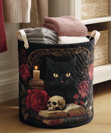 Witchy Black Cat Quilted Laundry Hamper — Spooky Cute Black Cat Design Foldable Laundry Basket For Halloween & Everyday Decor