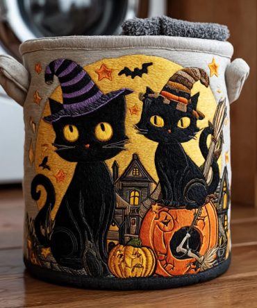Witchy Whiskers Quilted Halloween Storage Hamper — Witch Cat Print Foldable Basket For Spooky Decor, Laundry & Toys; Durable & Easy-Care