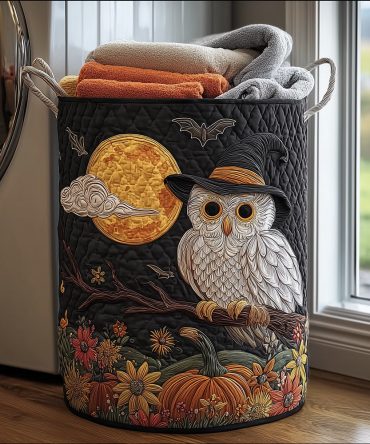 Witchy White Owl Quilted Laundry Hamper — Elegant Halloween Fabric Laundry Basket, Sturdy Washable Storage For Seasonal Décor