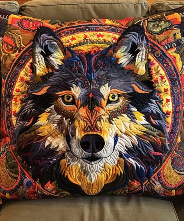 Majestic Native Wolf Quilted Pillow Cover — Tribal Wolf Decorative Pillowcase For Nature-Lovers, Cabin & Western Home Decor