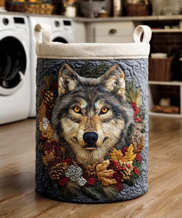 Wolf Frost Path Quilted Laundry Hamper — Winter Wolf Pattern Foldable Fabric Basket For Cozy Cabin & Home Storage