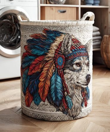 Decorative Wolf Ridge Spirit Quilted Hamper — Foldable Laundry Basket With Reinforced Handles & Stain-Resistant Liner