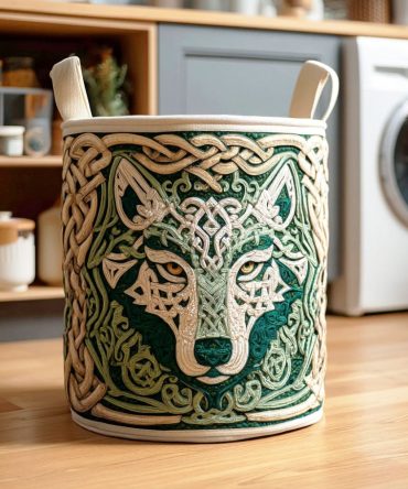 Wolf Spiral Quilted Laundry Hamper — Rustic Decorative Fabric Basket With Durable Stitching, Foldable Design & Comfortable Carry Handles
