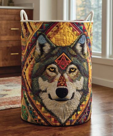 Wolf Spirit Quilted Laundry Hamper — Artistic Quilted Fabric Laundry Basket With Comfortable Handles, Collapsible Design For Easy Home Organization